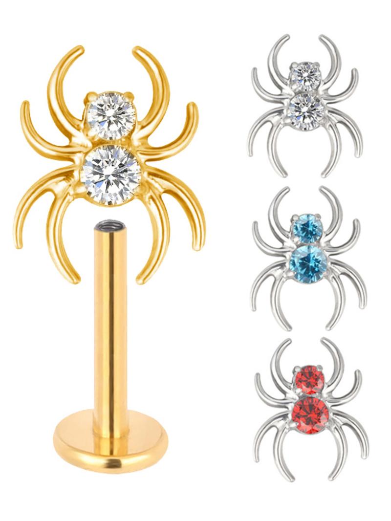 Astm F136 Titanium Spider Ear Studs, Double Round Cz Paved Top, Threaded Labret Tragus Lip Earrings, Punk Style, All Seasons