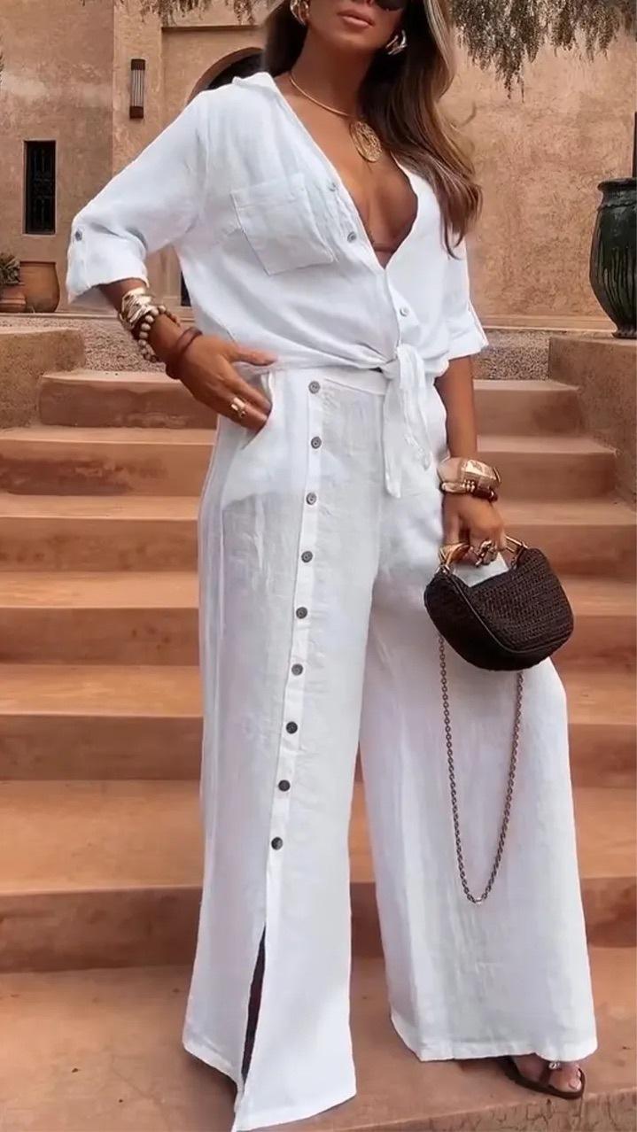 MOVRA1 Women's 2-Piece Lightweight Breathable Comfy Long-Sleeve Loose Fit Shirt Set with Tie Hem, Single Button-Decorated Wide Leg Pants with Slit, All-Season Casual Womenswear, Lady,, Longsleeves