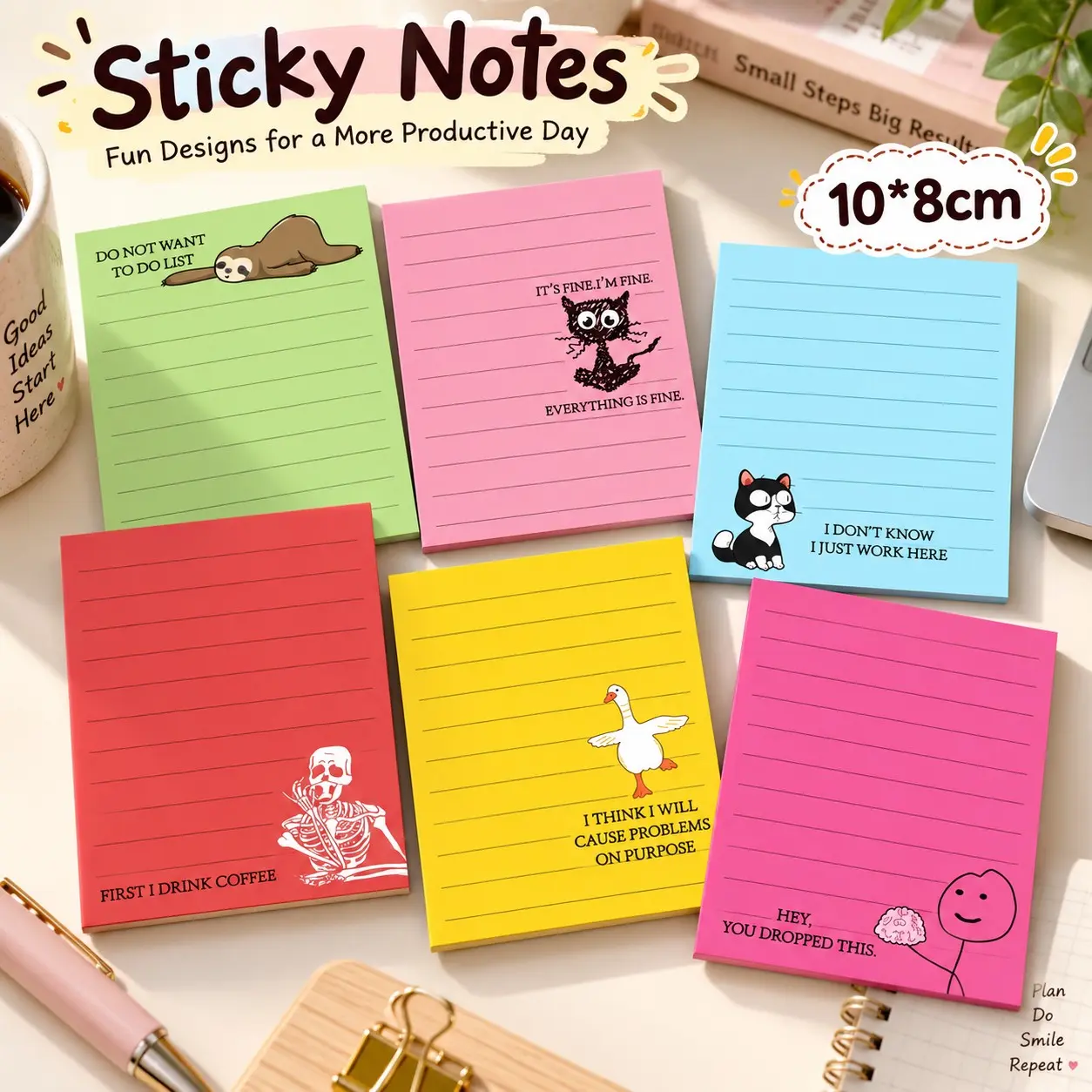 6 Pads Funny Animal Sticky Notes, 10x8cm Lined Paper Self-Adhesive Memo Pads with Humorous Quotes, Colorful Cute Notepads for To-Do Lists, Reminders, Office, School, Study, Desk Organization & Stationery Gifts