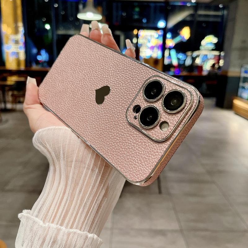 Luxury Solid Color Leather Plating Border Love Logo Phone Case For iPhone 16 Pro Max 14 11 12 13 15 Pro Max Bumper Back Cover