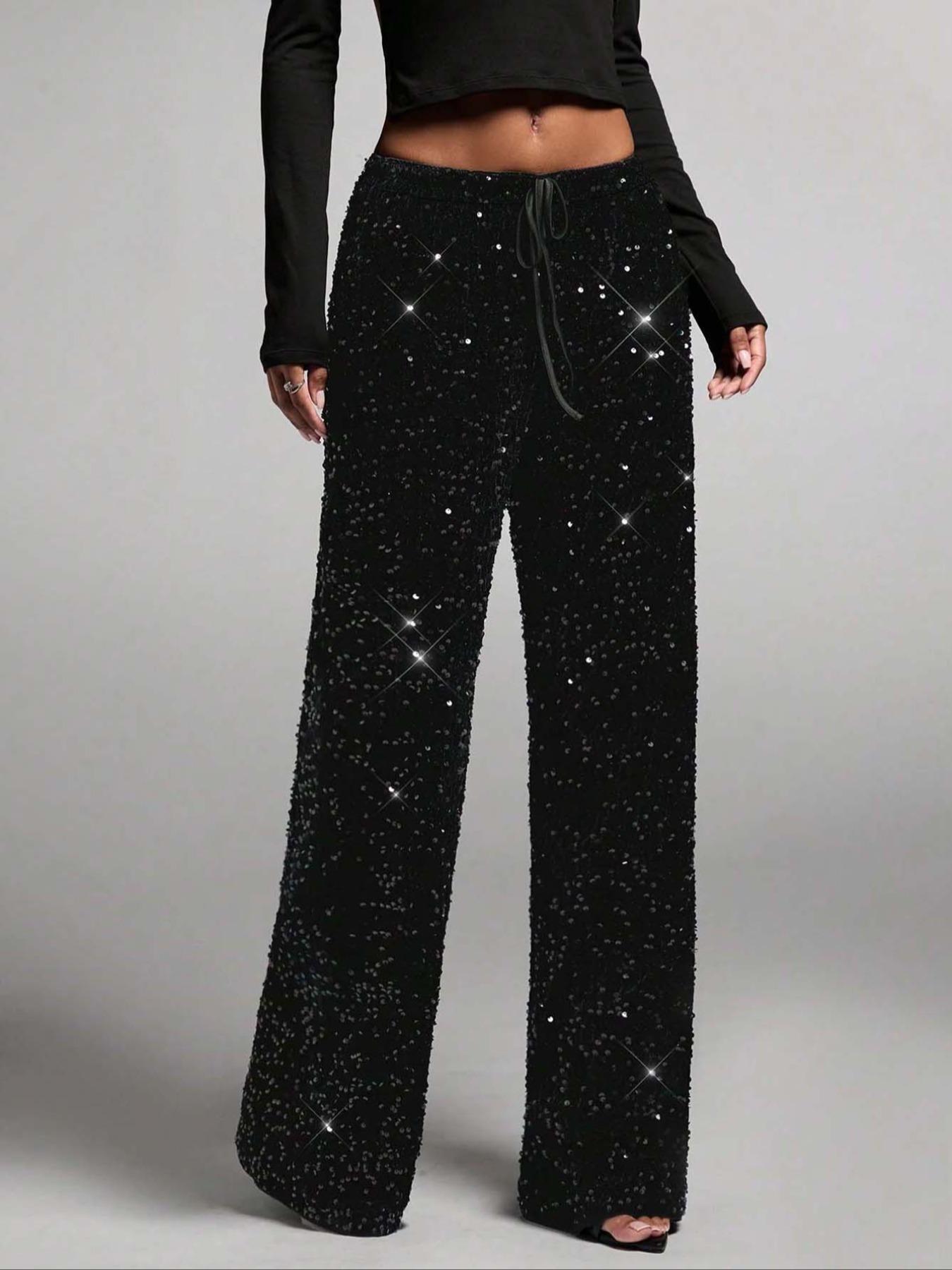 Women's Fashion Pants with Elastic Waistband, Bow Design, Sequins Detailing, Stylish Fitted Trousers Bottoms for Casual Wear