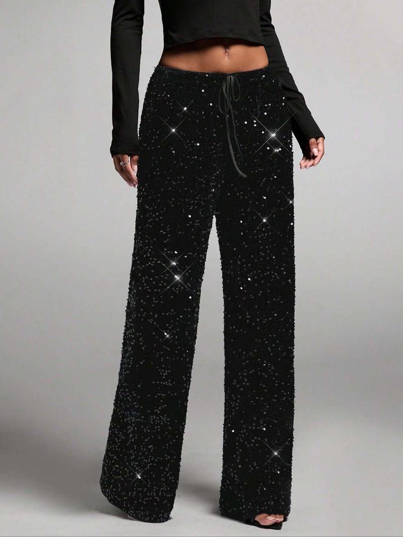 Women's Fashion Pants with Elastic Waistband, Bow Design, Sequins Detailing, Stylish Trousers for Casual Wear Women's Fashion Pants with Elastic Waistband, Bow Design, Sequins Detailing, Stylish Trousers for Casual Wear