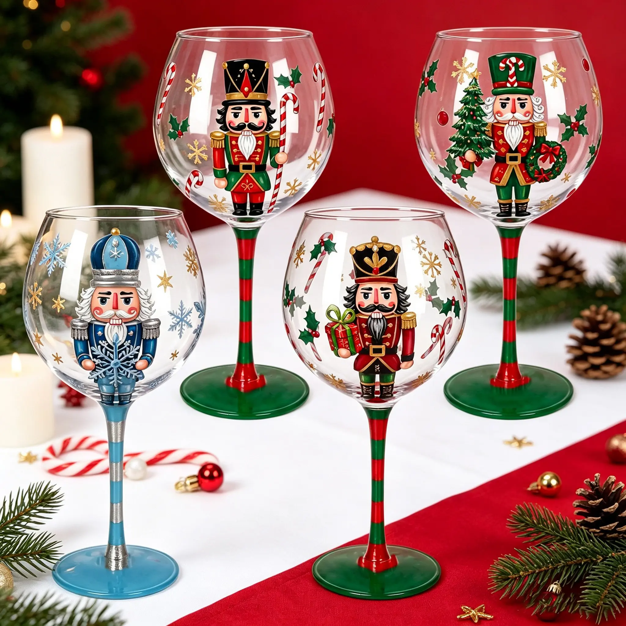4PCS Christmas Wine Glasses Set, Nutcracker Christmas Wine Glasses Set, Hand Painted Festive Wine Goblets with Colorful Holiday Nutcracker Designs, Premium Stemmed Glass Cups for Party Table Decor, Perfect Xmas Secret Santa Gift for Wine Lovers & Hosts