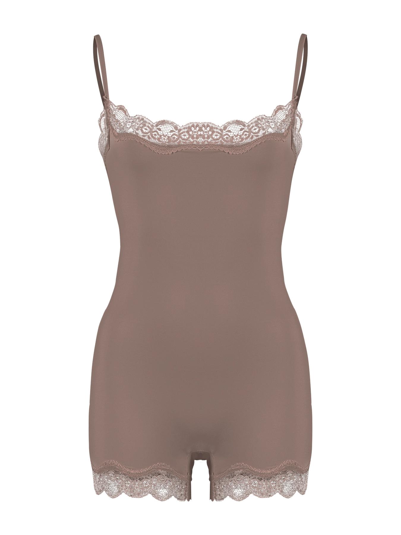 Women's Basic Solid Color Spaghetti Strap Lace Trim Seamless Bodysuit Underwear Body Shaper Shapewear