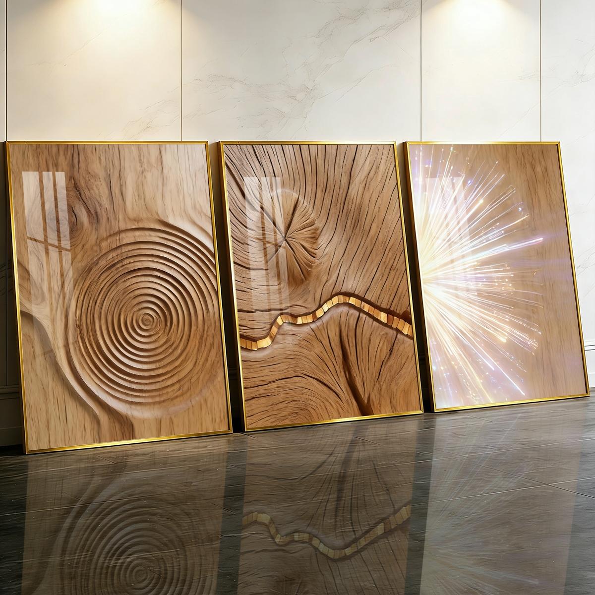 3 Counts Aluminum Alloy Framed Painting, Abstract Wood Texture And Light Burst Pictures, Home Decoration For Living Room, Bedroom, Office, Restaurant, Hallway Wall Decor, Odorless Print Artwork, Luxury Perfect Gift For Friends And Family