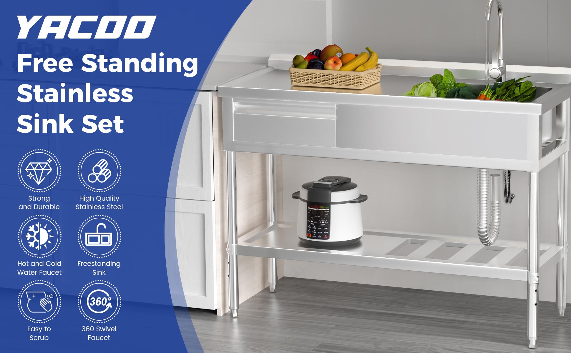 Stainless Steel Utility Sink, Free Standing Single Bowl Commercial Kitchen Sink w/Workbench & Storage Shelf, w/Hot & Cold Water Pipes & Faucet for Laundry Room, Farmhouse, Indoor/Outdoor