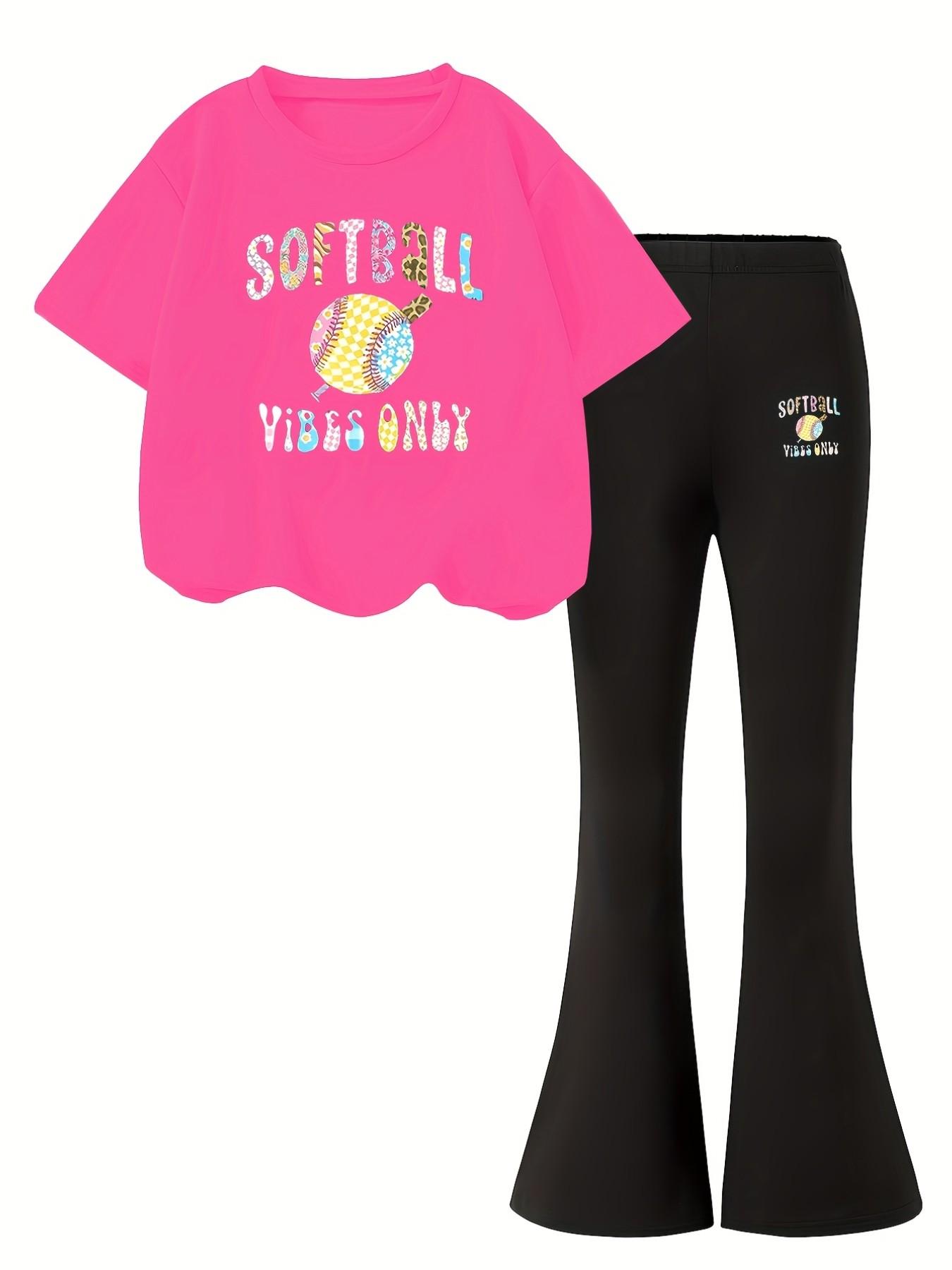 2pc Girls' Fashion Set, Short Sleeve T-Shirt & Bell Pants, Shark Print, Comfortable Round Neck, All Seasons, Casual Style