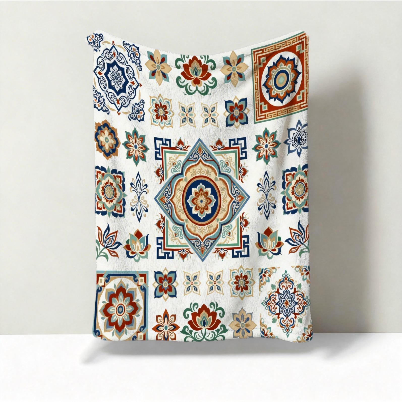 1 Pack Boho Mandala Single-Sided Printed Flannel Blanket, HD Digital Printed Vintage Floral Soft Cozy Blanket, Warm Multi-Use Throw for Sofa, Bedding and Travel, All-Season Ideal Gift Blanket