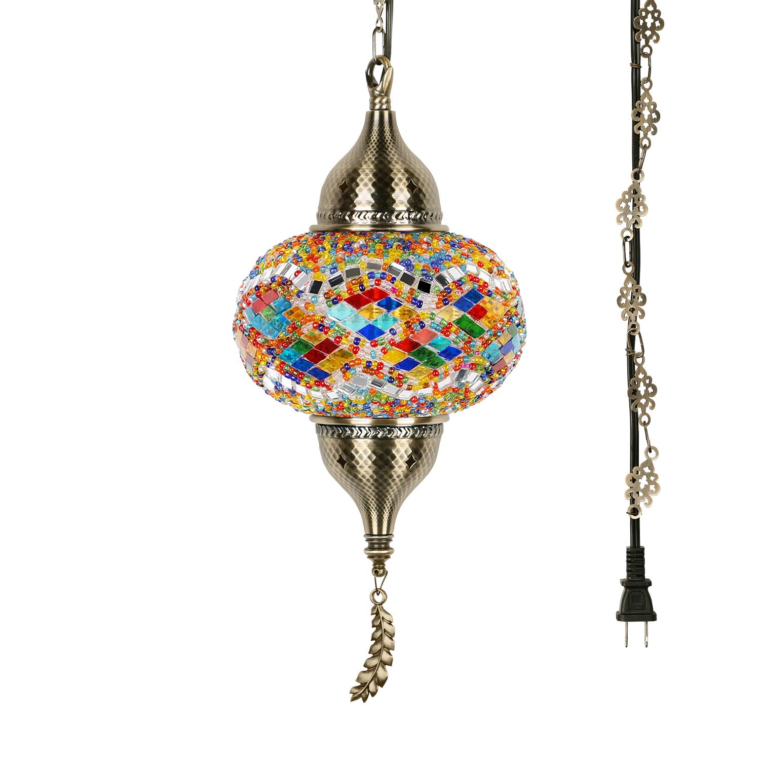 Yarra-Decor Turkish Moroccan Pendant Hanging Light with 15feet Cord Tiffany Style Mosaic Ceiling Lamp for Bedroom Blue Crystal North American Plug Decorative Lighting Home Lighting Led Lighted