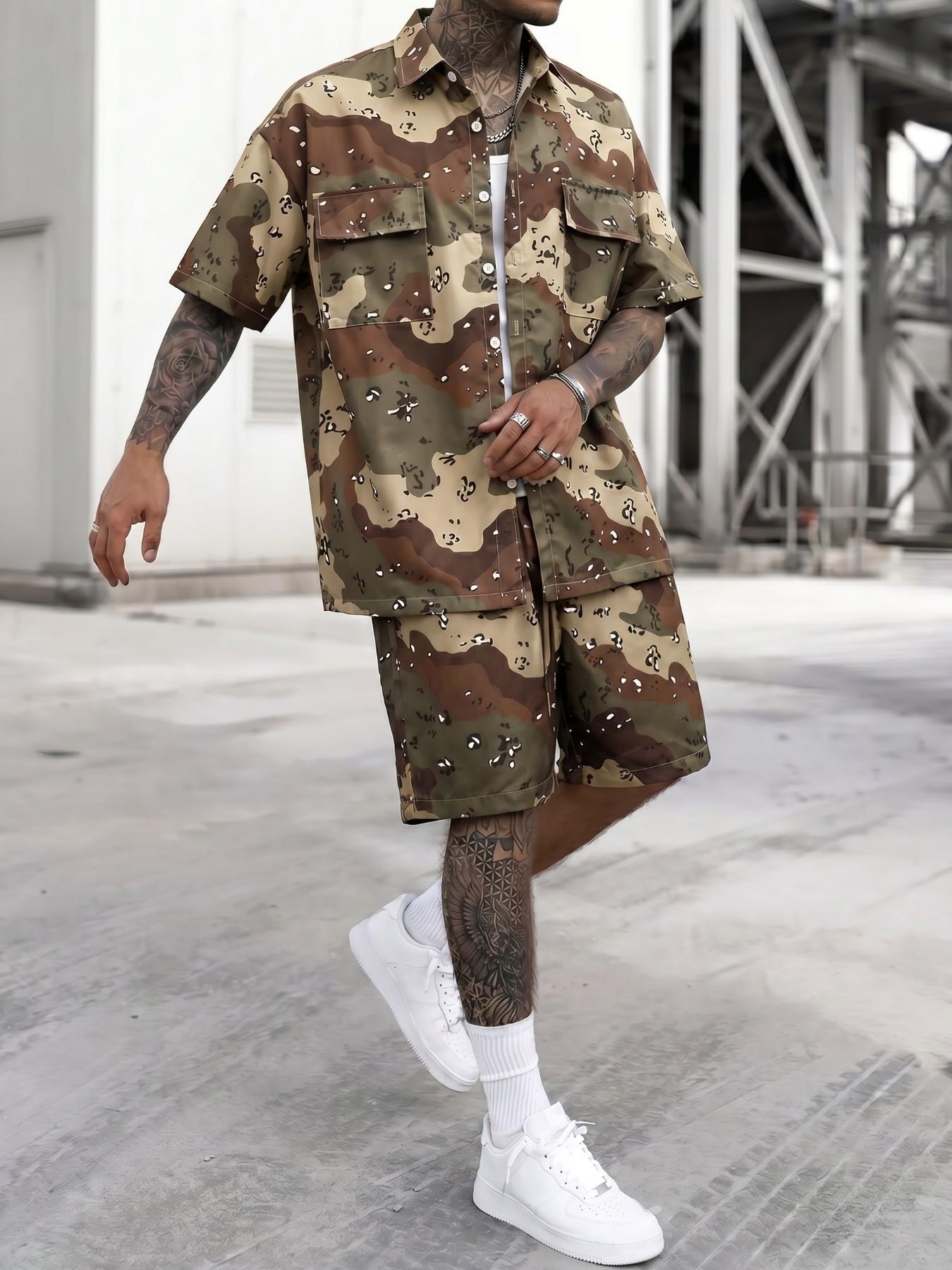 Y2K Camo Print 2-Piece Set Men, Grey Camo Shirt & Drawstring 