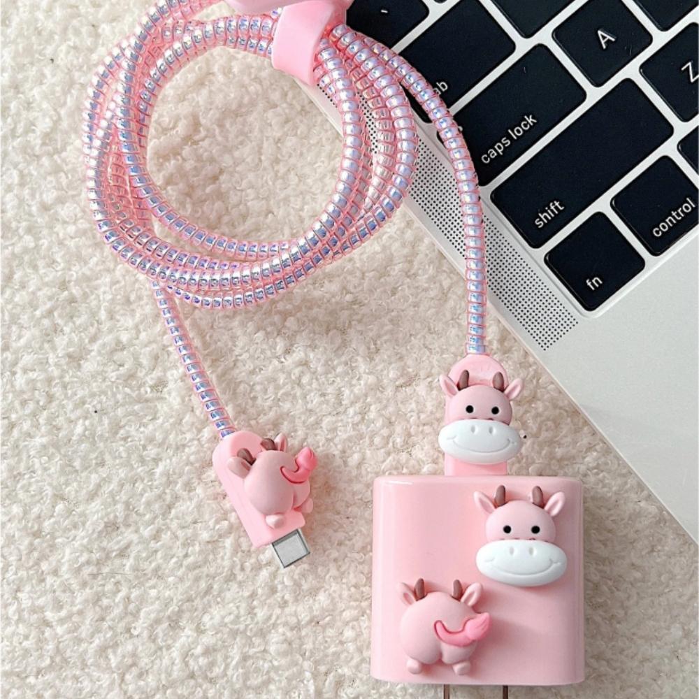 Cartoon cow cellphone charger protection cover, Cellphone accessory, data cable protection cover for iPhone 13/12/11 charger, winding device for 18/20W fast charging head to prevent breakage, gift for boyfriend/girlfriend