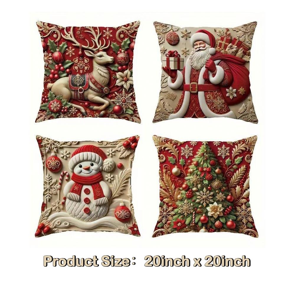 Luxury Christmas Pillow Covers 4pcs Santa Reindeer Snowman Floral Tree Red Gold Polyester 2D Print No Insert Festive Home Decor Living Room Holiday Accessories Sofa Cushion Cover
