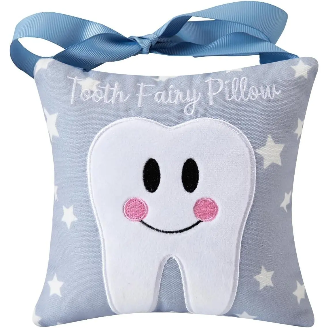 Tooth Fairy Pillow with Pocket for Kids, Tooth Keepsake Pouch on Back, Gift for Boys and Girls, 6.8 x 6.8 inches, Light Blue(Gift)