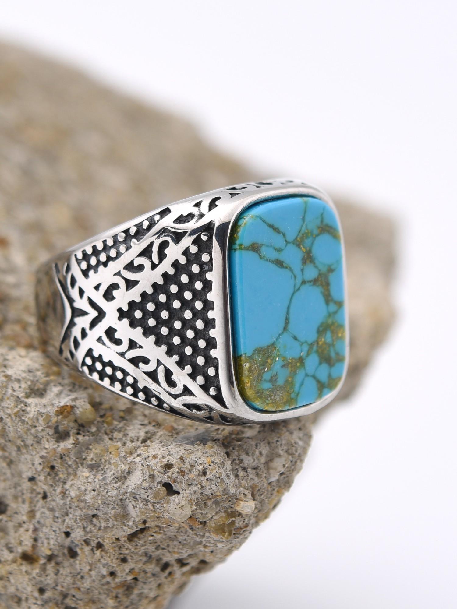 Vintage Men's Signet Ring 316L Stainless Steel Silver Color Blue Agate Square Stone Retro Carving Jewelry Gift