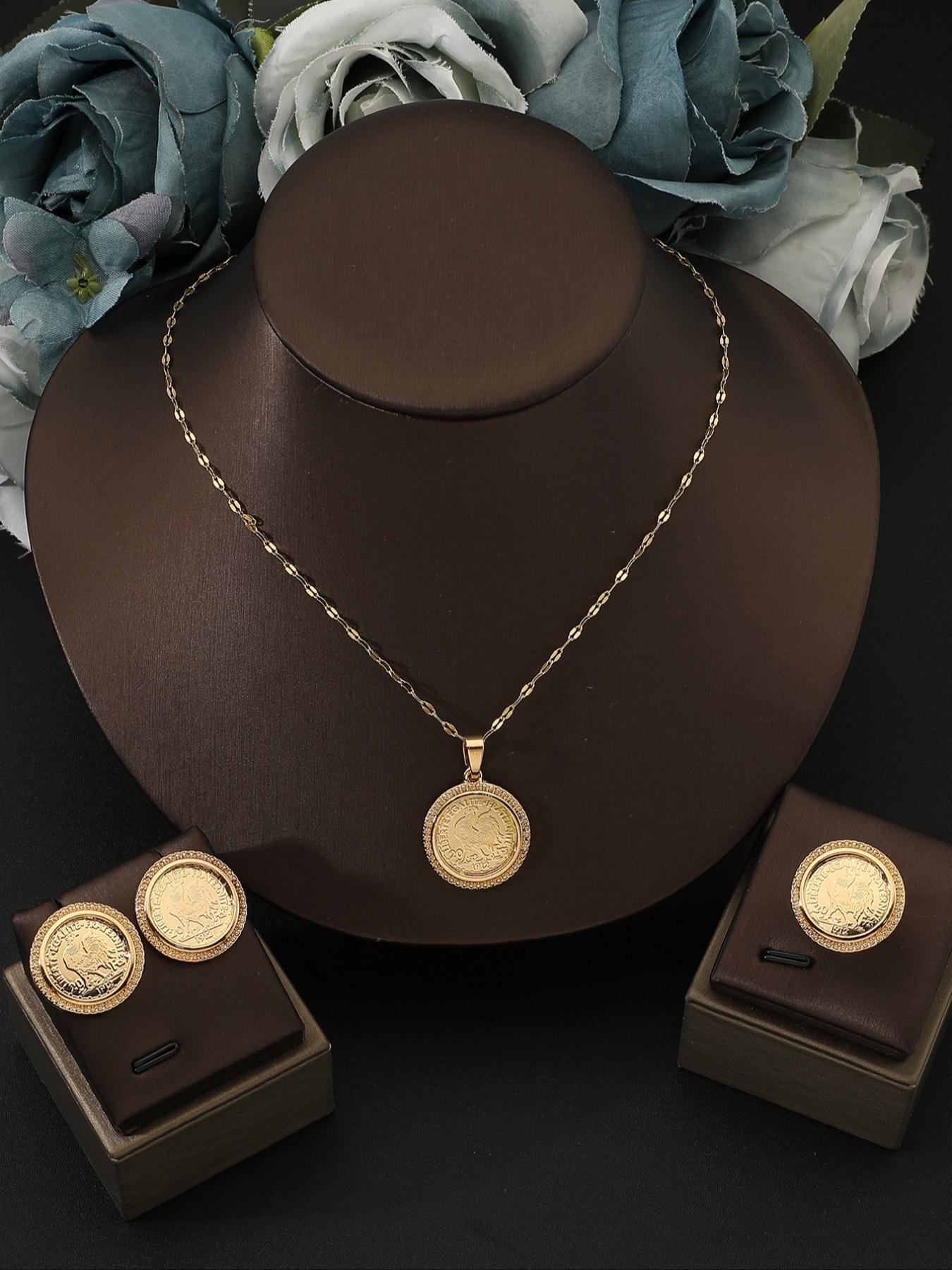Vintage Turkish Gold Coin Jewelry Set, 18k Gold Plated Rhinestone Necklace Earrings Ring Trio, Casual Stainless Steel Accessories