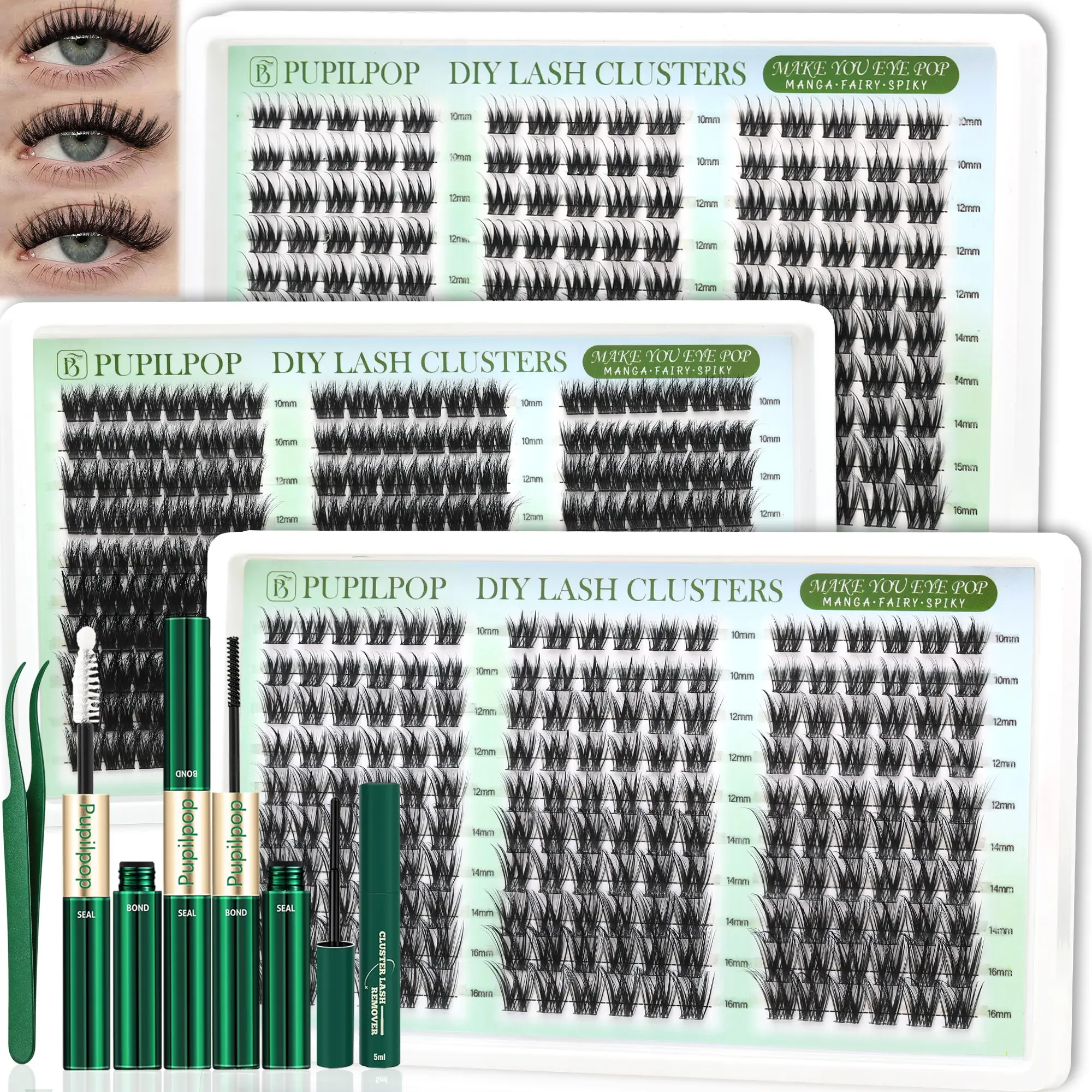 PupilPop 3 Style DIY Lash Clusters Kit, Manga Fairy Spiky Wispy Eyelash Extensions, 10–16 mm CC Curl Individual Lashes, Lash Bond & Seal, Remover & Tweezers, Waterproof Long-Lasting At-Home Lash Extension Set