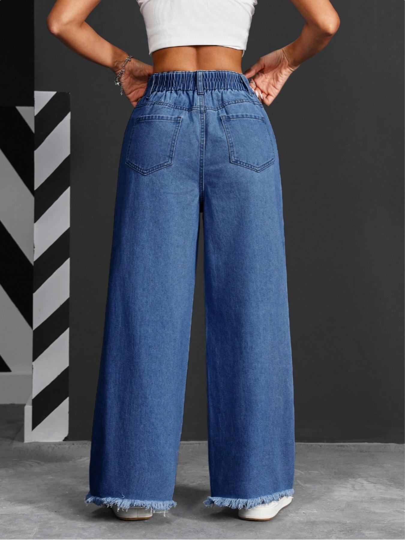 Women's High Waist Denim Jeans, Elastic Waist Design, Pockets with Buttons, Casual Fashion, Fuzzy Hem, Comfortable Pants for All Seasons