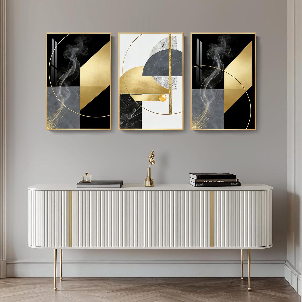 3 Counts Aluminum Alloy Framed Painting, Abstract Geometric Gold And Black Art Pictures, Home Decoration For Living Room, Bedroom, Office, Restaurant, Hallway Wall Decor, Odorless Print Artwork, Luxury Perfect Gift For Friends And Family