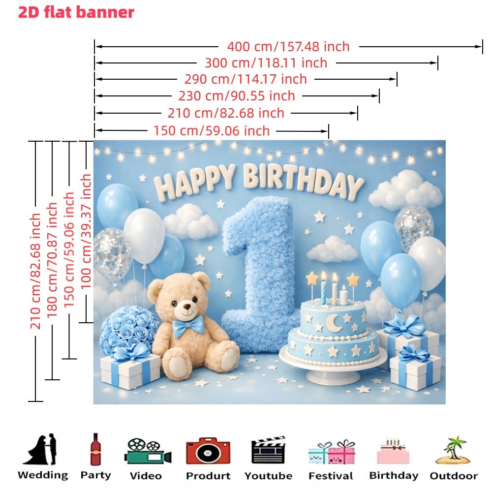 Blue 1st Birthday Party Backdrop Banner, Teddy Bear Theme, Polyester Material, Indoor Outdoor Decor, Stage Room Decoration, Holiday Party Supplies