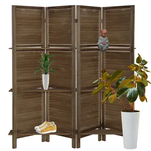 Ecomex 4 Panel Folding Room Divider Screen with Display Shelves 5.6 ft Tall, Brown On-Site