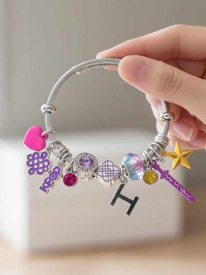 New Style K-POP: Demon Hunter Group Bracelet for Women, Cartoon Diamond-Inlaid Pendant Open Stainless Steel Bangle Jewelry, "K-POP Demon Hunters" Same Style, Charm Bracelets