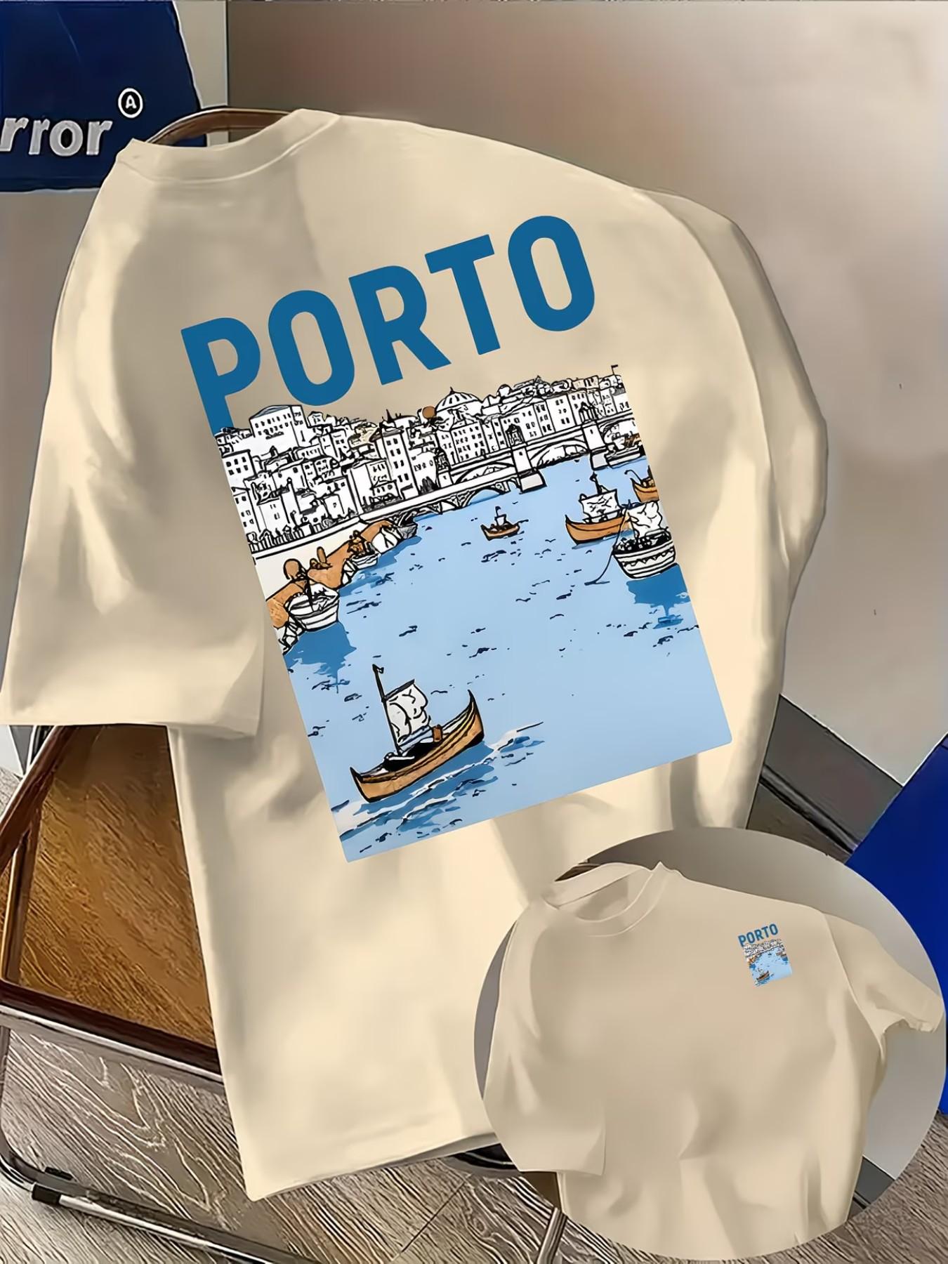 Men's Fashion T-Shirt 'porto' Letter Creative Pattern, Comfortable All Seasons, Loose Fit, Double-Sided Print