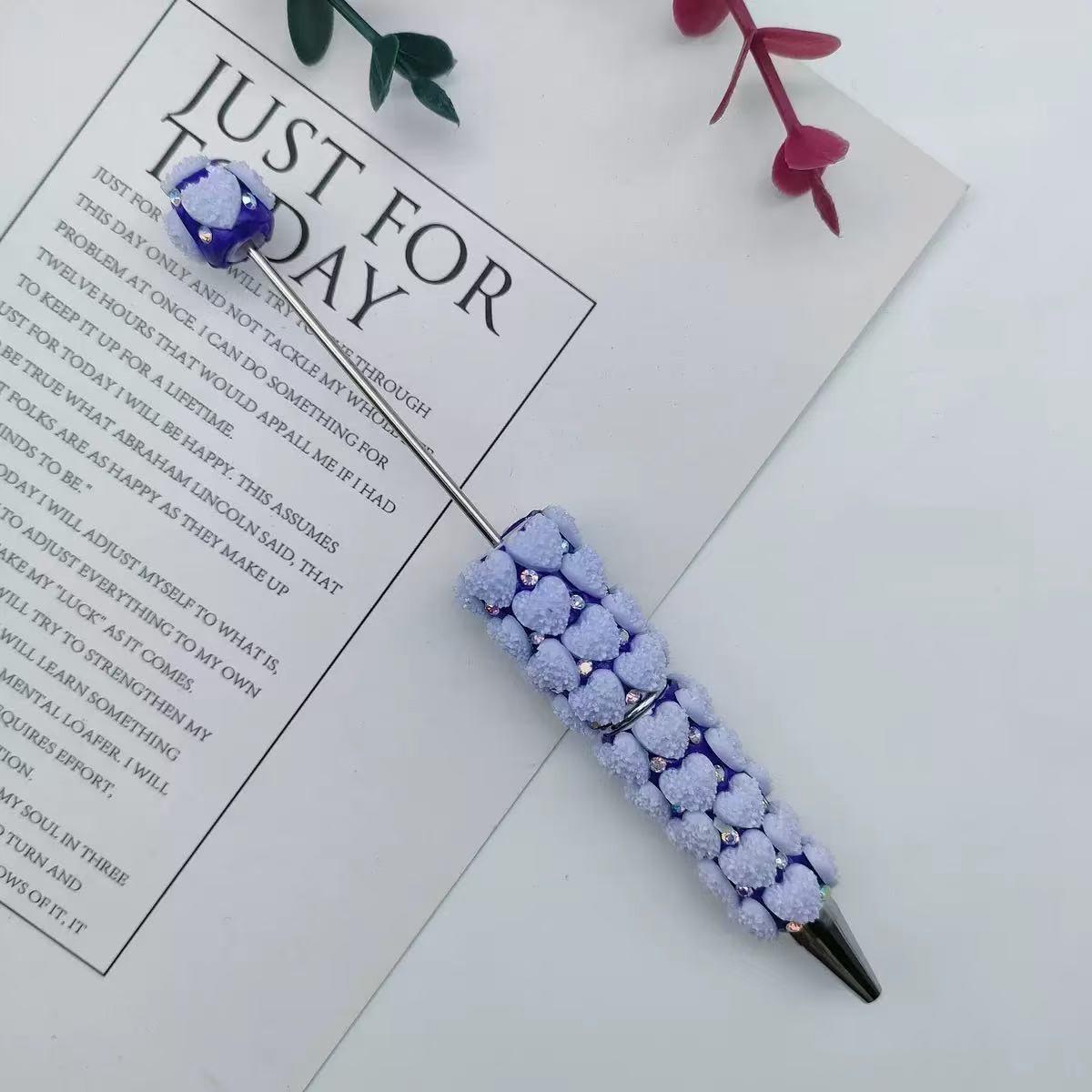 5pcs Heart Design Full Coverage High Aesthetic DIY Beaded Pens, Beadable Pens, Pearl-Inserting Round Ballpoint Pens, Beautiful Writing Tool Set, Stationery Office Supplies