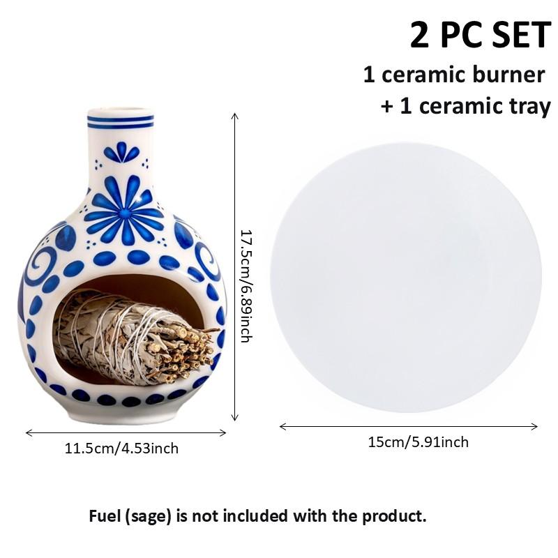 2-Piece set Mini Chimney Incense Burner Set with Round White Ceramic Tray, Handmade Ceramic Palo Santo Sage Holder, Heat-Resistant Decorative Censer for Stick Incense and Smudge, Meditation Yoga Home Decor Spiritual Gift for Relaxation Ritual