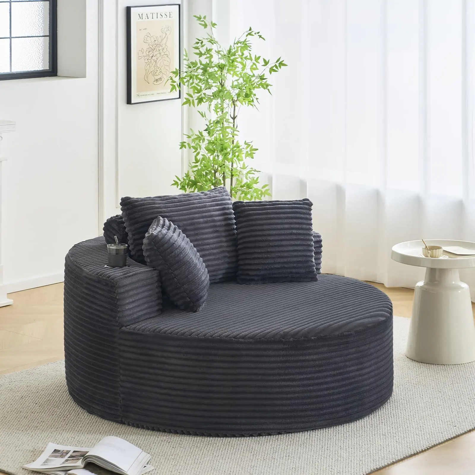 GARVEE 55" Oversized Round Chaise Lounge Chair Indoor, Upholstered Corduroy Deep Seat Circle Couch with Cup Holders, Large Cloud Sleeper Sofa for Living Room, Bedroom, No Assembly Required, Gray