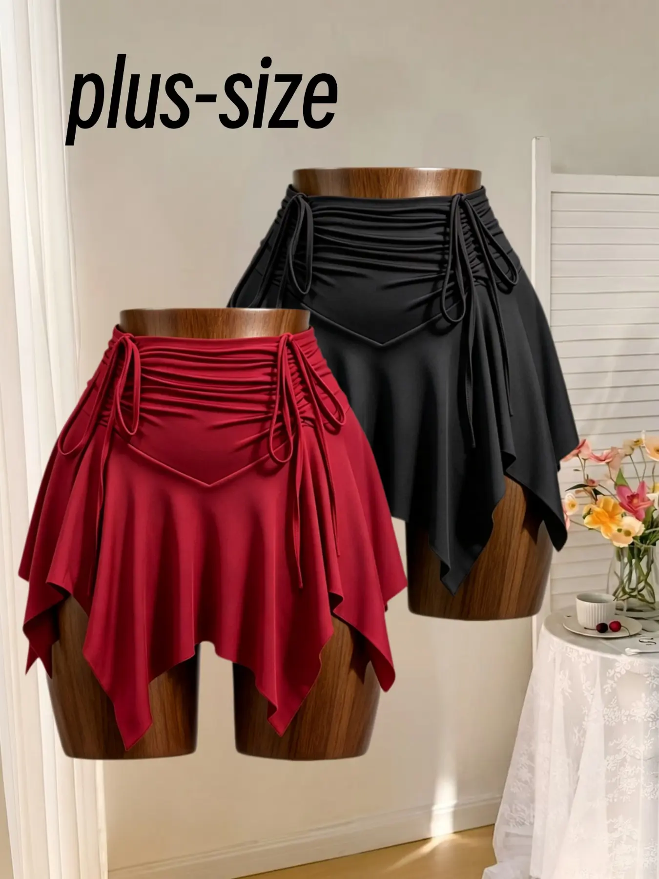 Plus Size Fashion Chic High-Waisted Skirt, Adjustable Drawstring Side Waist, Fit, A-Line Design, Asymmetrical Hem, Two-Piece Set, Flowy and Elegant, Bottom