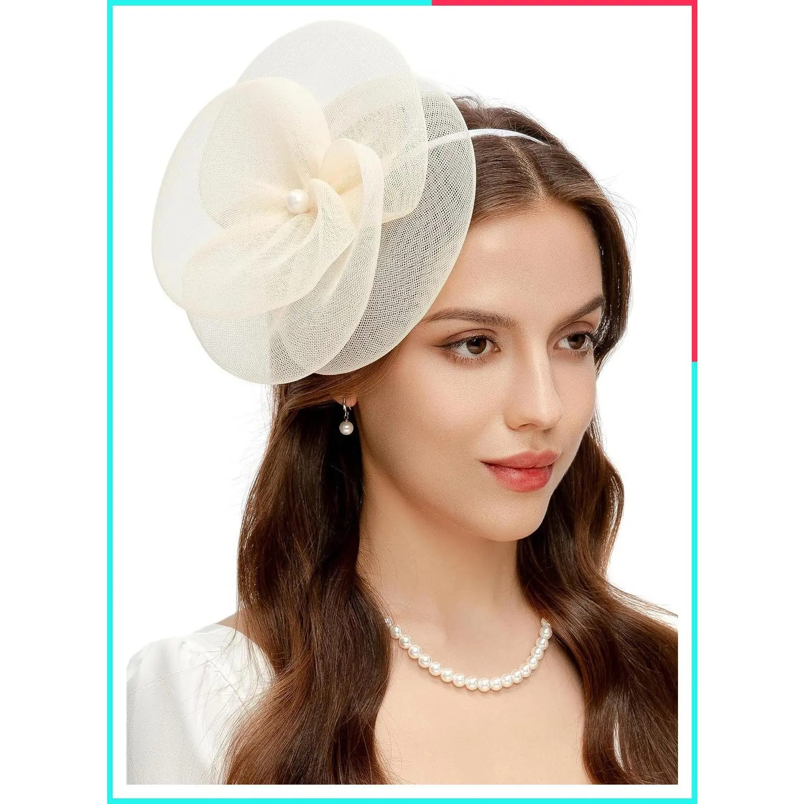 Women's Pearl Mesh Tulle Fascinator Hat with Hair Clip & Headband for Tea Party, Wedding, Derby, Kentucky Race, Gatsby Party, Church, Cocktail - Breathable
