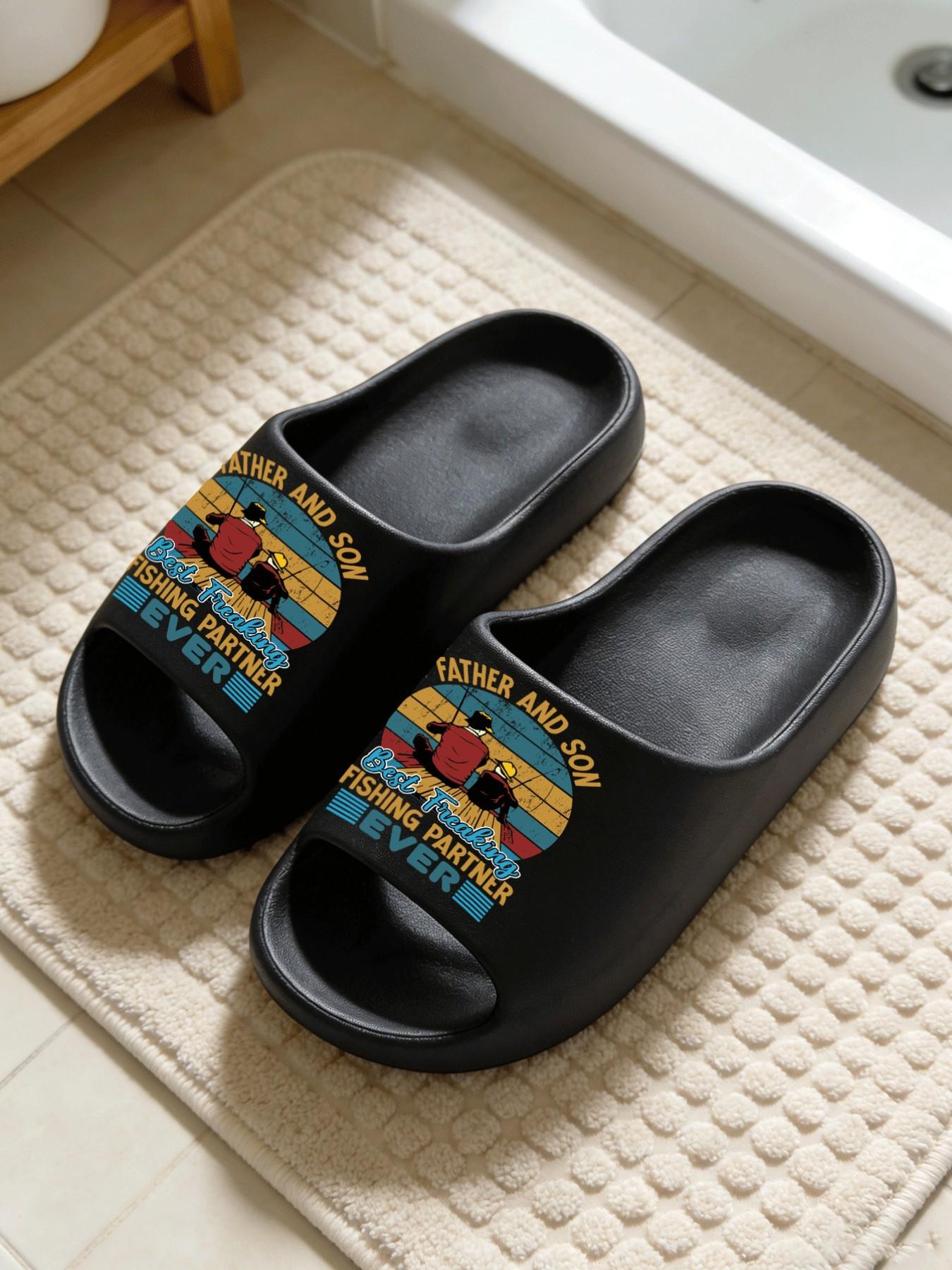 FATHER AND SON Father-Son Fishing Print Coconut Sandals, Cloud-Feel Retro American Casual Style, Unisex Father's Day Fishing Lover Gift Daily Wear, Thick Sole Non-slip Soft Comfortable, All-Season Home Bathroom Outdoor