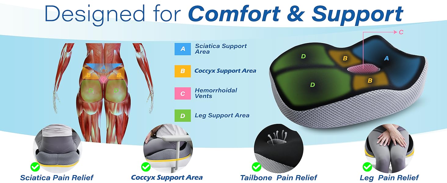 JOKG OKGCar Seat Cushion, Ergonomic Memory Foam Car Cushion for Sciatica Pain Relief, Larger Driving Seat Pillow for Short Drivers on Long Drives - Butt Pillow for Truck, Office, Wheelchair - Black&Gray