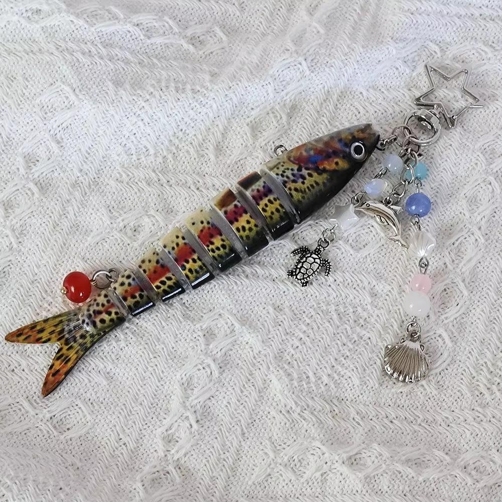 Novelty Fish Keychain, Fishing Enthusiasts Creative Bait Keychain, Jointed Design Fish Keyring with Beaded Charm, Realistic Lure Keychain for Bag Backpack, Good Luck Aesthetic Fish bag Pendant Trinket, Kawaii Keychain Style Accessory