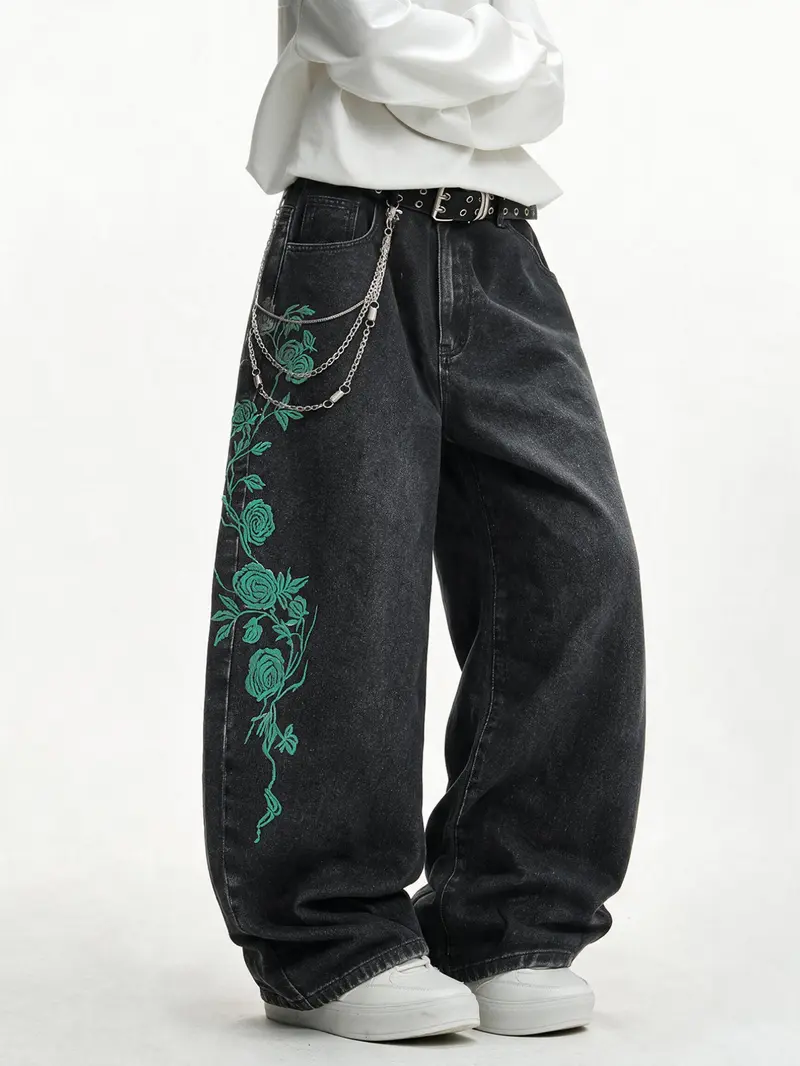 Men's Rose Embroidered Wide Leg Jeans, Vintage Washed Loose Fit Streetwear, Trendy Hip-Hop Long Pants, All Seasons Fashion