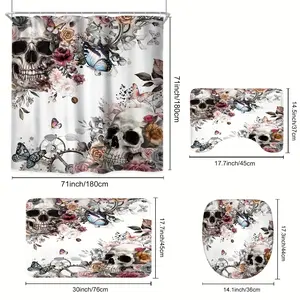 1pc/4pcs - Gothic Skull Shower Curtain Set, Bathroom Sets Full Set, Bathroom Decor And Accessories, Pink Rose Butterfly Flowers Spooky Scary Bone Romantic Horror Artwork With 12 Hooks, Non-slip Bathroom Floor Mat, Toilet U-Shaped Mat, Cover Mat