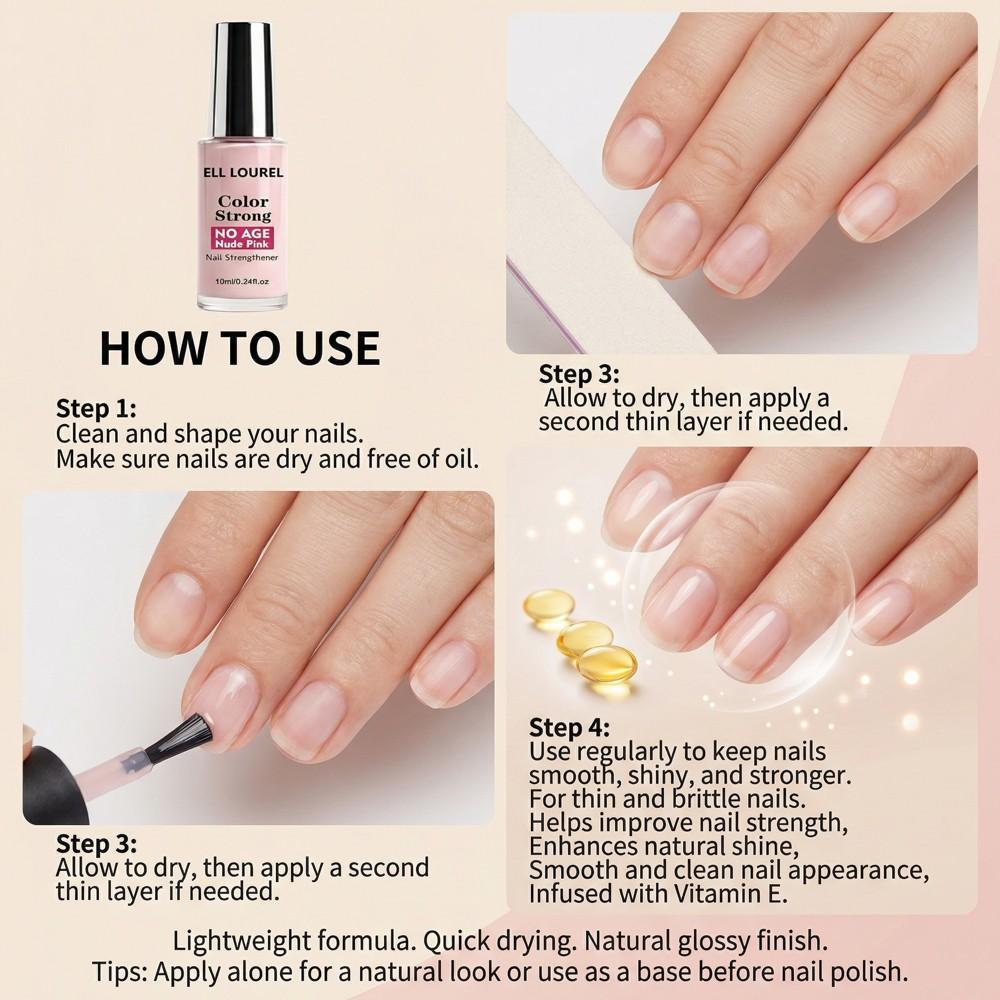 ELL LOUREL New Arrival Nude Pink Strong Nail Strengthener, 10ml Tinted Nail Hardener & Protective Treatment, Strengthens & Repairs Brittle, Thin, Soft & Fragile Nails, Help Healthy Nail Growth, Natural Nude Pink Finish with High Gloss, Long-Lasting Shiny