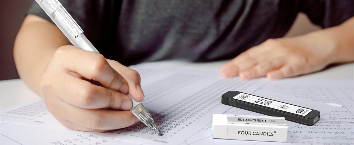 Four Candies Mechanical Pencil Set with Case - 3PCS Cute Pencils 0.5mm/0.7mm with 180PCS HB Lead Refills, 3PCS Erasers & 9PCS Eraser Refills, White Clear Mechanical Pencil for Students Drawing, Writing