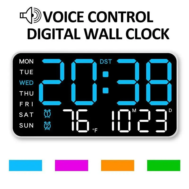 Large Digital Wall Clock Temp Date Week Display Voice Control USB Powered Table Clock Wall-mounted Dual Alarms LED Clocks