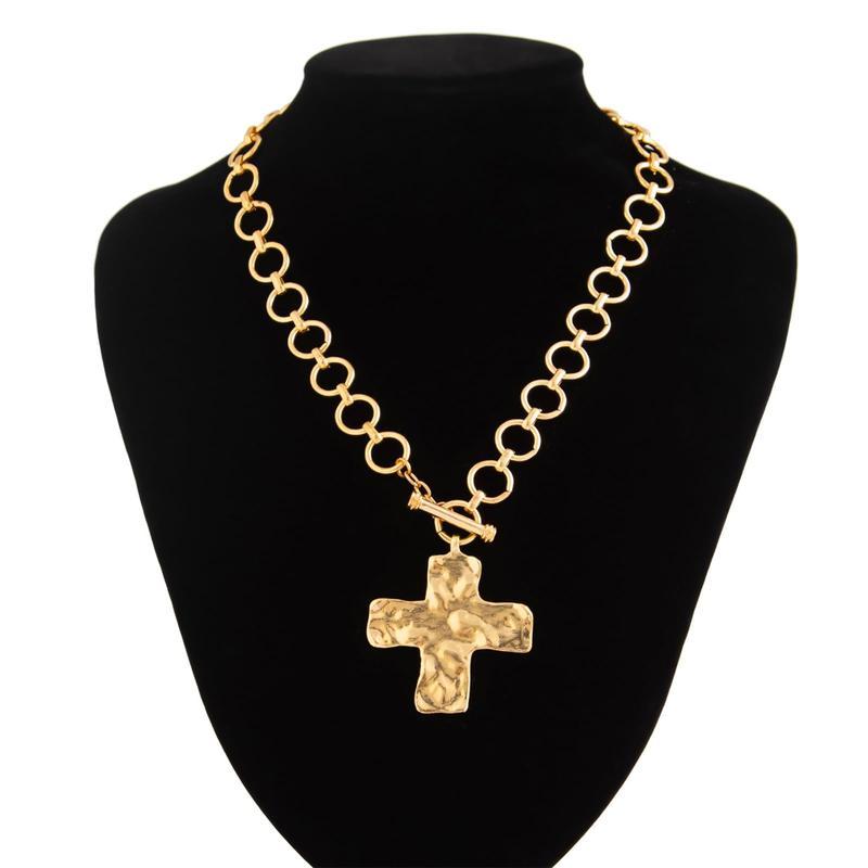 Loyalove&Tewiky Gold Chunky Cross Necklace for Women Statement Cross Pendant Necklace Layered Hammered Bold Cross Necklace Vintage Toggle Clasp Necklace Jewelry For Easter Gift