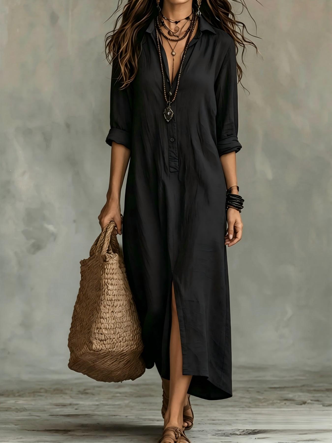 2026 Spring Summer Cross-Border Casual Solid Color Notched Lapel Front Split Long Dress, Trendy Women's Fashion, Comfortable & Stylish