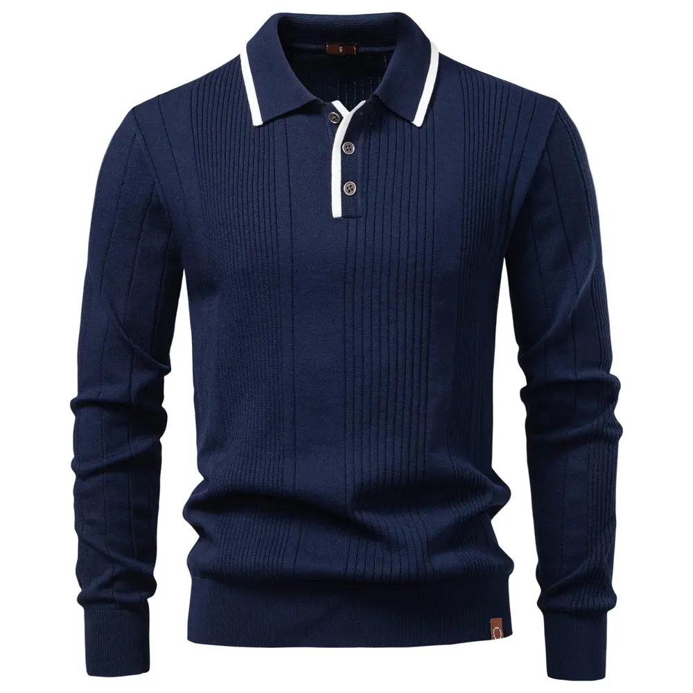 Men Lapel Polo Knit Sweater Vertical Striped Textured Long Sleeve Pullover Contrast Collar Button Placket Slim Fit Knitted Top Fall Winter Business Casual Streetwear Warm Layer Outfit For Adult Men Classic Fabric