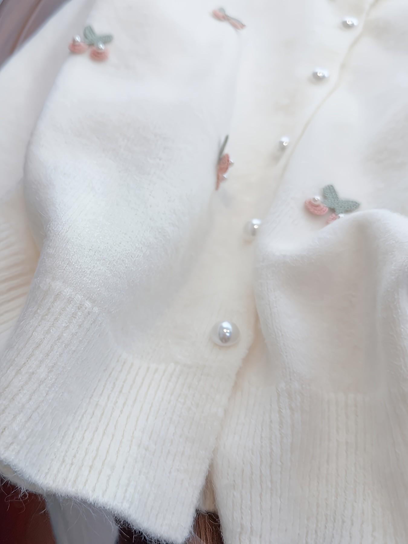 Women's Cherry Embroidered Knit Jacket, Spring & Fall Slim Fit Casual, Elegant Pearl Button Cardigan, Perfect for Dates & Outdoor Activities