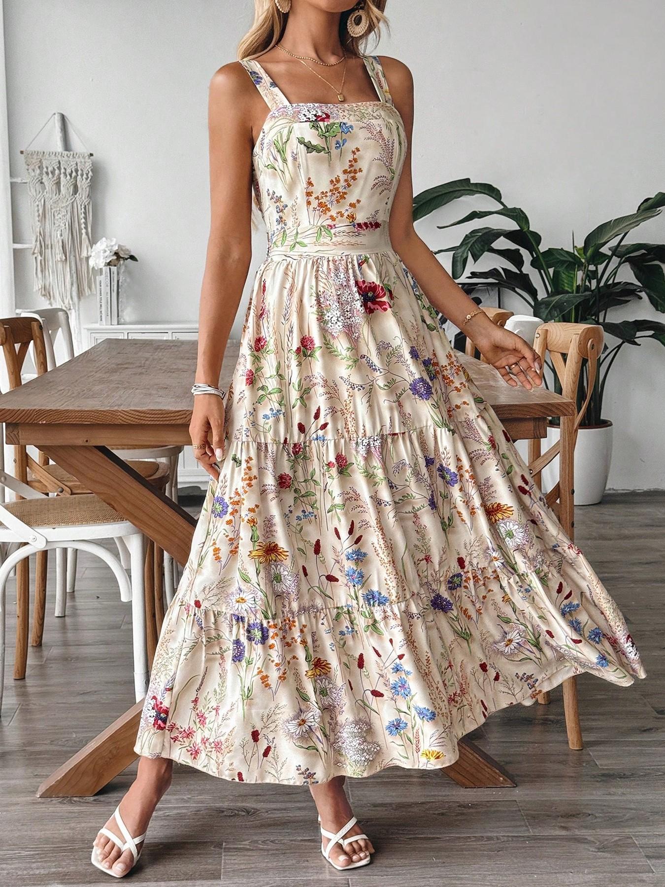 Women's Floral Print Backless Dress, Tie-Up Bow Design, Elastic Waist, Casual Vacation Commute, Elegant Halter Square Neck Dress