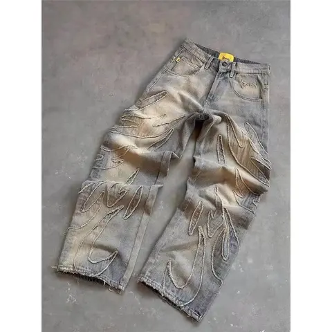 Men's High-Cotton Flame Patchwork 90s Vintage Jeans - Mens Clothing, Baggy Trousers Style, Raw Edge Frayed, Vintage Washed, Wide Leg, Casual Streetwear Oversized Loose Fit Pants