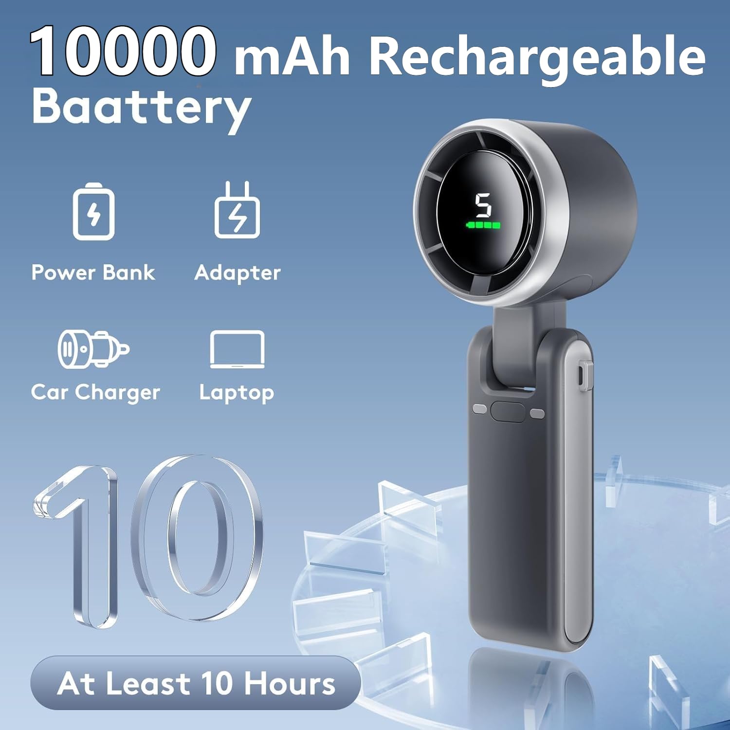 Portable Handheld Turbo Fan, 5 Gear Wind, Battery Operated, Up to 13 Working Hours Rechargeable Fan, 3 IN 1 Hand Fans with Air Turbo Tech Cooling Fan for for Travel, Beach, Outdoor