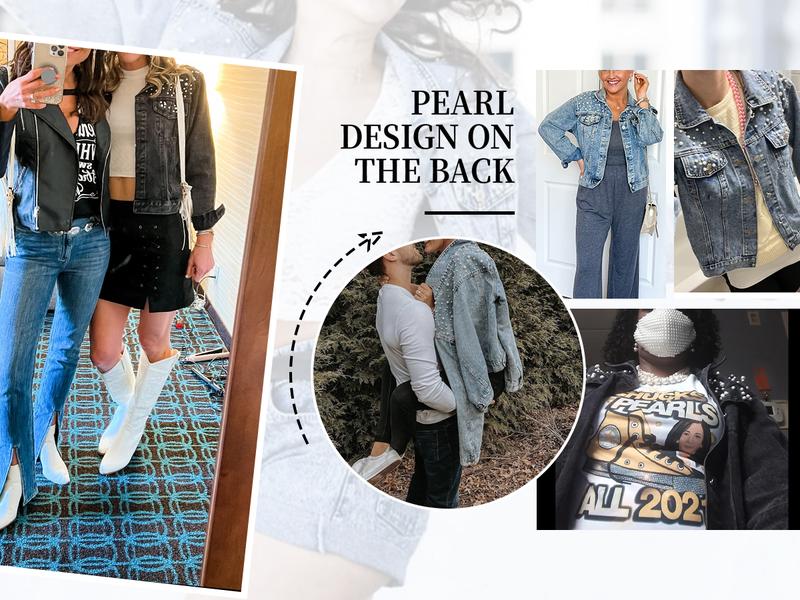 Hixiaohe Women's Fashion Loose Embroidered Pearls Beading Cropped Denim Jacket Jean Coat TikTokShopBlackFriday