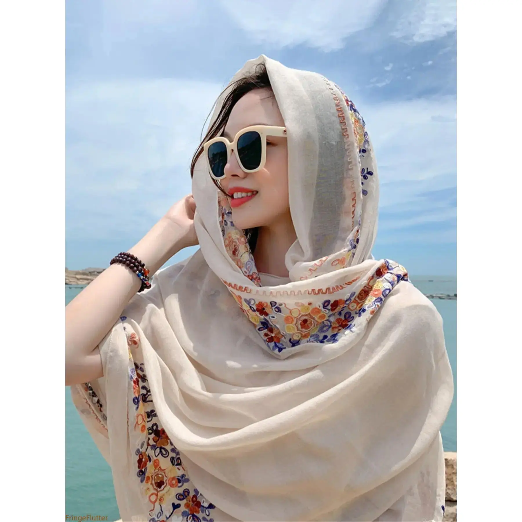 Women's Elegant Floral Embroidered Scarf-Shawl - 1 Size, Snug, Fitted, Hijab Style, Multi-Purpose Adventure Accessory, Soft Beach Wrap, Premium Mother's Day Gift