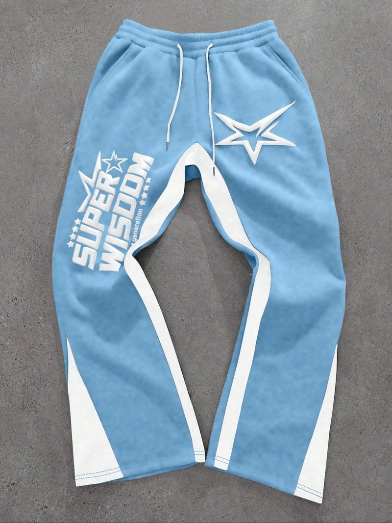 Men's Colorblock Letter & Star Print Sweatpants, Casual Comfy Straight-leg Pants for Daily Wear, Men's Trousers for All Seasons, Athleisure Style Bottoms