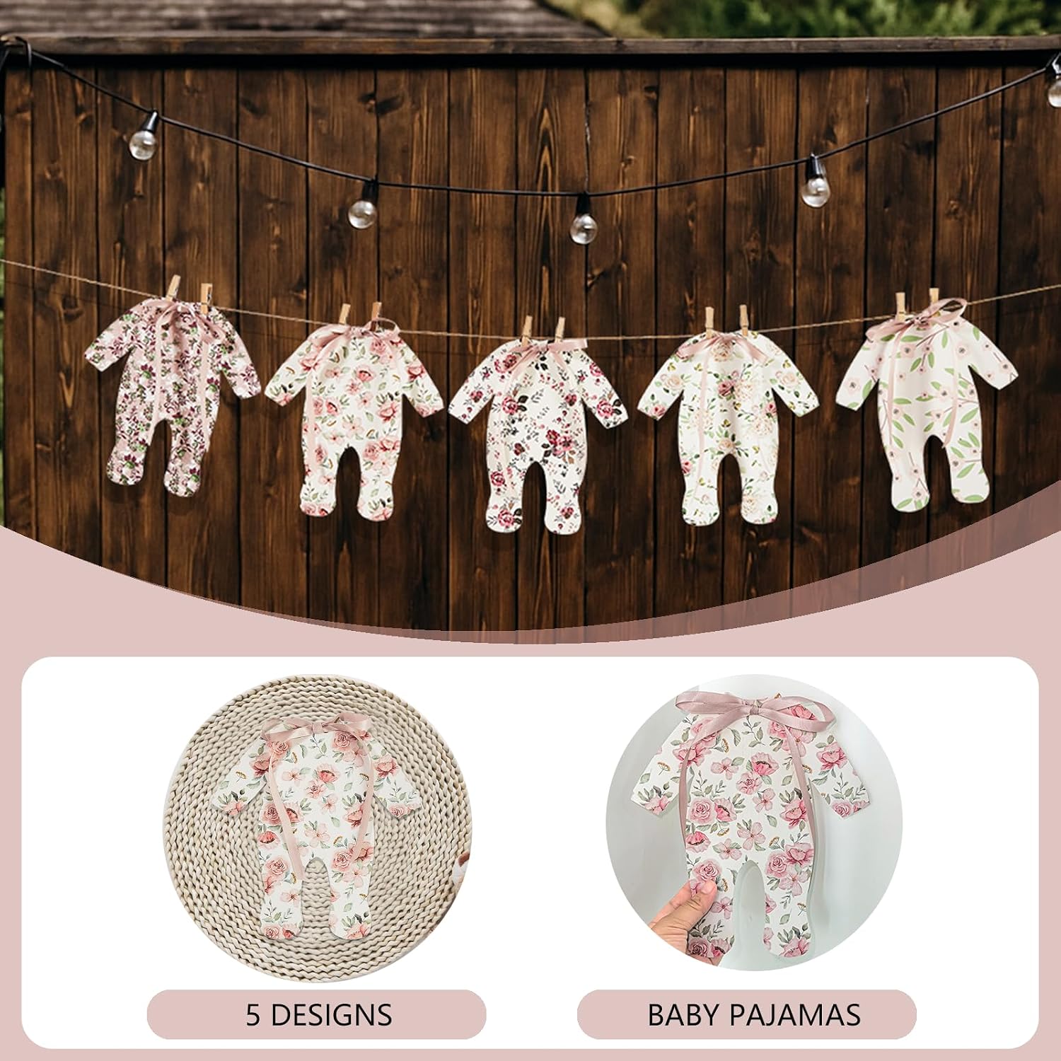 Baby Shower Decorations - Blush Pink Floral Paper Pajama Banner with Ribbon Bows, Shabby Chic Wildflower Garland for Gender Reveal, 10ft Jute Rope Vintage Nursery Wall Decor